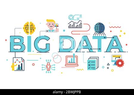 Illustration de la saisie de mots Big Data avec icônes pour bannière Web, prospectus, page d'arrivée, présentation, couverture de livre, article, etc Illustration de Vecteur