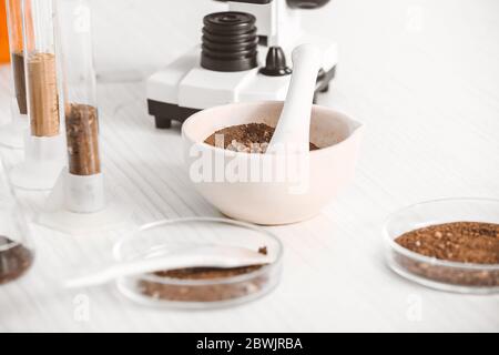 Échantillons de sol sur table en laboratoire Banque D'Images