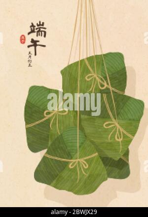 Illustration de zongzi suspendue délicieuse, Festival de Duanwu et date écrite en calligraphie chinoise Illustration de Vecteur