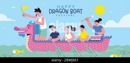 L'équipe de course de bateau Dragon sur la rivière en rose et turquoise, illustration de la bannière du festival Duanwu Illustration de Vecteur