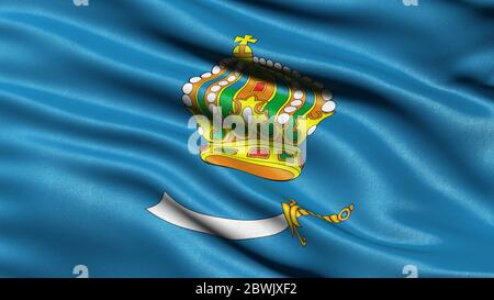 Drapeau de l'oblast d'Astrakhan qui agite dans le vent. Illustration 3D. Banque D'Images