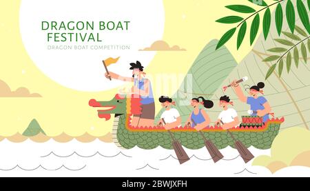 Équipe de course de bateau Dragon sur le fleuve avec des boulettes de riz géants montagne, illustration du festival Duanwu Illustration de Vecteur