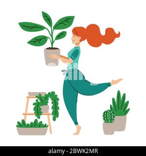 Fille rouge à cheveux dansant avec un pot de fleur dans ses mains. Une femme s'occupe de la maison. Plante folle dame. Travail à domicile. Illustration vectorielle moderne i Illustration de Vecteur