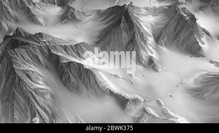 Illustration monochrome 3D du relief du paysage de montagne Banque D'Images