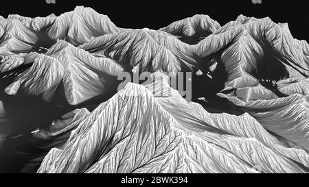 Illustration monochrome 3D du relief du paysage de montagne Banque D'Images