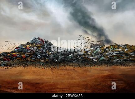 Jardin avec illustration de paysage de bulldozer et d'oiseaux Banque D'Images