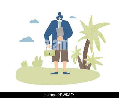 Concept loisirs. Équilibre entre vie professionnelle et vie privée. Nomade numérique. Vector personne plate avec ordinateur portable et étui sur l'île tropicale. Homme habillé de shorts et de lunettes de soleil Illustration de Vecteur