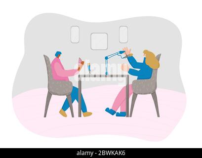 Concept de style de vie des influenceurs. Deux blogueurs enregistrant un contenu de podcast en studio. Personnes adultes ayant une conversation. Hôte en posant des questions et salut Illustration de Vecteur