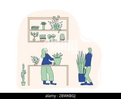 Club des amoureux de plantes. Événement communautaire pour propriétaires de maisons. Les gens se soucient de leurs fleurs en pot ensemble. Les amis de la compagnie passent le week-end avec leur hobb Illustration de Vecteur