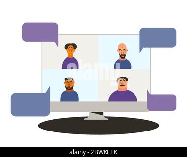 Concept de visioconférence. Appel en ligne. Quatre collègues de réunion à distance pour un travail. Diffusez des amis. Discuter depuis la maison. Illustration vectorielle couleur plate. Illustration de Vecteur