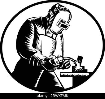 Illustration du travailleur du fabricant de soudeur travaillant avec un chalumeau à arc avec corps de flux vu du côté à l'intérieur ovale sur fond isolé fait dans RE Illustration de Vecteur