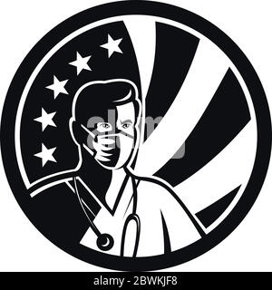 Mascotte illustration noire et blanche d'un infirmier américain, professionnel de la santé, médecin, professionnel de la santé portant un masque chirurgical avec des étoiles américaines Illustration de Vecteur