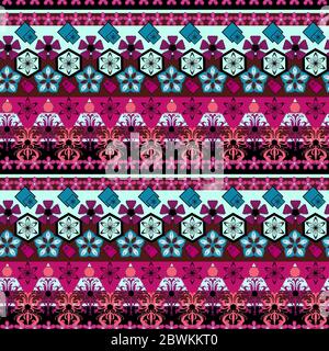 Motif coloré saturé de formes et de fleurs dans les couleurs rose, rouge et bleu. Motif sans coutures. Banque D'Images