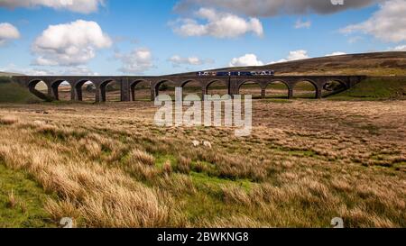 Carlisle, Angleterre - le 24 mai 2011 : un train de voyageurs diesel de classe 158 du réseau ferroviaire du Nord traverse Dandry Mire Viaduct sur le chemin de fer Settle-Carlisle dans le Banque D'Images