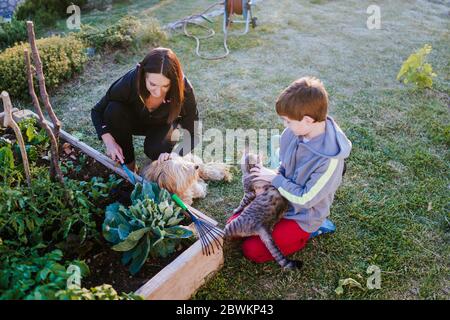 Mère, son fils et animaux dans le jardin Banque D'Images