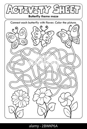 Feuille d'activité papillon thème labyrinthe - eps10 illustration vectorielle. Illustration de Vecteur