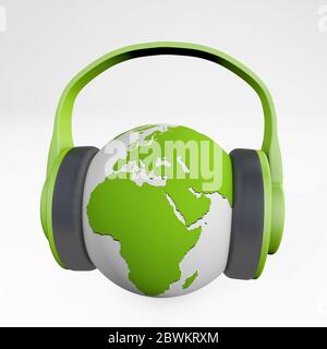 La terre écoute de la musique. Concept de musique globale, rendu 3d isolé sur blanc Banque D'Images