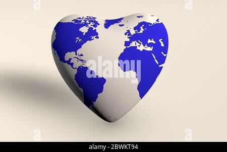 Le globe terrestre en forme de coeur avec une carte du monde bleue. Sauver la Terre, garder la planète en sécurité, Environnement, nature, concept. Rendu 3D isolé sur wh Banque D'Images