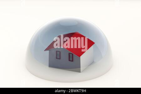 rendu 3d d'une maison protégée sous un dôme isolé sur blanc Banque D'Images