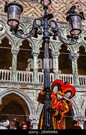 Fête du Carnaval portant un costume coloré avec masque et poteau de lumière au Carnaval de Venise, en Italie. Banque D'Images