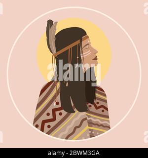 Femme indigène chaman portrait avec plumes dans les cheveux et portant poncho traditionnel. Vecteur moderne dessiné à la main de style plat. Pocahontas. Boho tribal Illustration de Vecteur