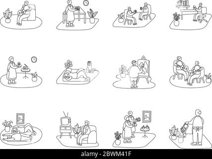 personnes âgées pratiquant des activités dans des scènes d'intérieur Illustration de Vecteur