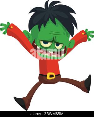 Dessin animé drôle vert zombie sautant et dansant. Illustration vectorielle Halloween de créature zombie. Illustration de Vecteur