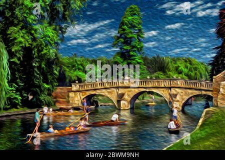 Garez-vous avec un pont au-dessus de la River Cam avec des personnes sur un bateau à fond plat lors d'une journée d'été bucolique à Cambridge, en Angleterre. Banque D'Images