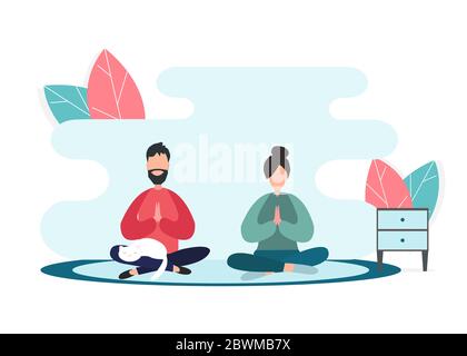 Homme et femme faisant du yoga ensemble à la maison, fond blanc. Illustration vectorielle de style plat Illustration de Vecteur