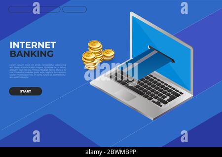 Illustration vectorielle du concept de banque sur Internet. Ordinateur portable émettant une carte de crédit sous forme de guichet automatique Illustration de Vecteur