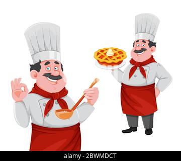 Beau personnage de chef, ensemble de deux poses. Cuisinier joyeux en uniforme professionnel. Illustration vectorielle Illustration de Vecteur