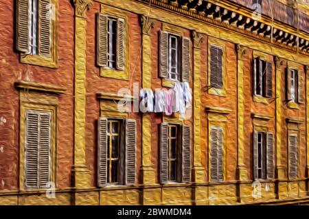 Vêtements pendus sur une façade colorée pleine de fenêtres avec volets en bois à Rome. L'incroyable ville de l'époque antique, en Italie. Banque D'Images