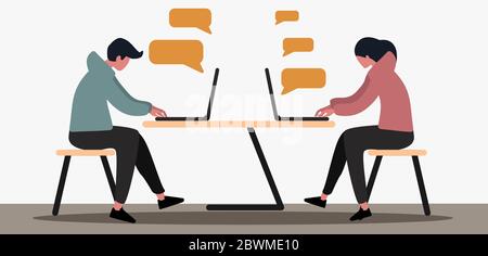 Dépendance à la cyber-relation. Jeune couple communiquant dans la salle de chat à l'aide d'ordinateurs portables, illustration vectorielle dans le style plat Illustration de Vecteur