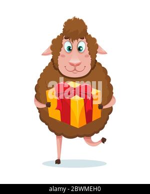 EID al-Adha Mubarak. Vacances musulmanes traditionnelles. KUrban Bayrami. Drôle personnage de dessin animé mouton tenant grande boîte cadeau. Illustration vectorielle Illustration de Vecteur