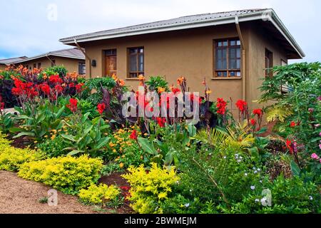 Ngorongoro Farmhouse Valley Lodge, chalet, fleurs colorées, jardin, magnifique hébergement safari; Tanzanie; Afrique Banque D'Images