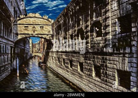 Vieux bâtiments en pierre reliés par le célèbre pont des Soupirs au-dessus d'un petit canal avec gondole, lors d'une journée ensoleillée d'hiver à Venise, en Italie. Banque D'Images