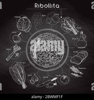 Recette de soupe italienne. Ribollita. Assiette avec soupe et différents ingrédients isolés sur un tableau noir. Illustration vectorielle Illustration de Vecteur