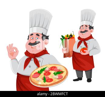 Beau personnage de chef, ensemble de deux poses. Cuisez en uniforme professionnel en tenant la pizza et en tenant le sac de papier avec les légumes. Vecteur i Illustration de Vecteur