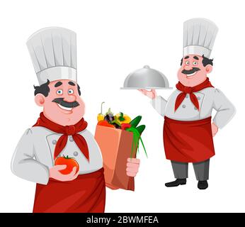 Beau personnage de chef, ensemble de deux poses. Cuisez en uniforme professionnel en tenant le sac de papier avec les légumes et en tenant le plateau bombé VEC Illustration de Vecteur