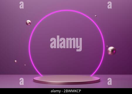 Podium métallique rose pour cosmétiques avec cadre et sphères au néon. Vue avant. Rendu 3d. Banque D'Images