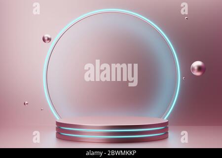 Podium métallique rose pour cosmétiques avec cadre et sphères au néon bleu. Vue avant. Rendu 3d. Banque D'Images
