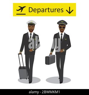 Deux pilotes afro-américains en vêtements formels, équipage avec sacs, panneau de départ, isolé sur fond blanc, illustration vectorielle plate Illustration de Vecteur