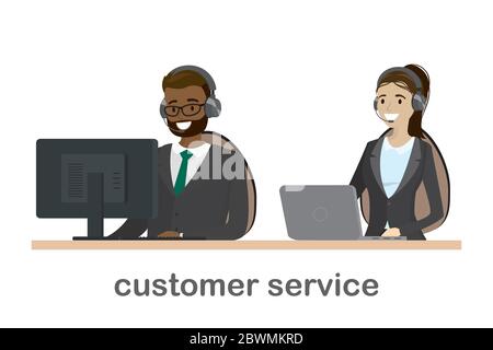 Concept de service client en ligne, afro-américain mâle et caucasien femelle derrière un bureau, isolé sur fond blanc, illustration vectorielle plate Illustration de Vecteur