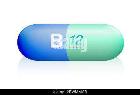 B12 pilule, symbolique pour le supplément artificiel, synthétique ou naturel pour les végétariens et les végétaliens pour prévenir le manque de vitamines. Banque D'Images