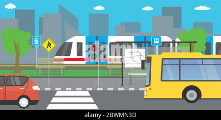 rue vide de ville, route avec différents transports publics, concept de vie urbaine, extérieur plat illustration vectorielle Illustration de Vecteur