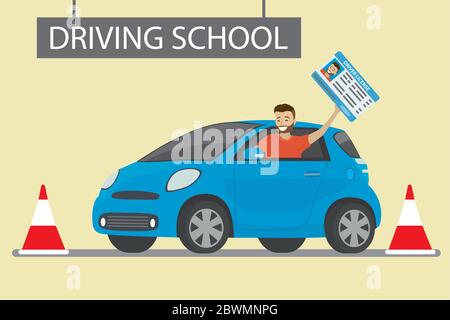 Joyeux jeune homme caucasien assis dans la voiture scolaire bleue de conduite en plein air.Homme avec permis de conduire, conception de conducteurs éducation concept, modèle plat vecteur illus Illustration de Vecteur