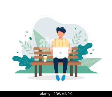Homme avec un ordinateur portable assis sur le banc dans la nature et les feuilles. Illustration de concept pour freelance, travail, étudier, éducation, travail à domicile, en bonne santé Illustration de Vecteur