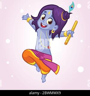 Dessin animé petite Krishna danse avec une flûte. Illustration vectorielle pour le festival d'anniversaire de Krishna Janmashtami Day Hindu Illustration de Vecteur