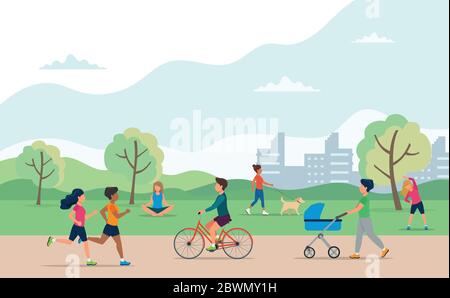 Les personnes effectuant diverses activités de plein air dans le parc. Course, cyclisme, marche du chien, exercice, méditation, marche avec la poussette. Vecteur Illustration de Vecteur