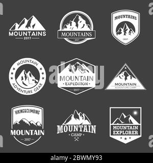 Ensemble de logos Mountain Travel, Outdoor Adventures. Des étiquettes ou des icônes de randonnée et d'escalade pour les organisations touristiques, les événements, les loisirs de camping. Illustration de Vecteur